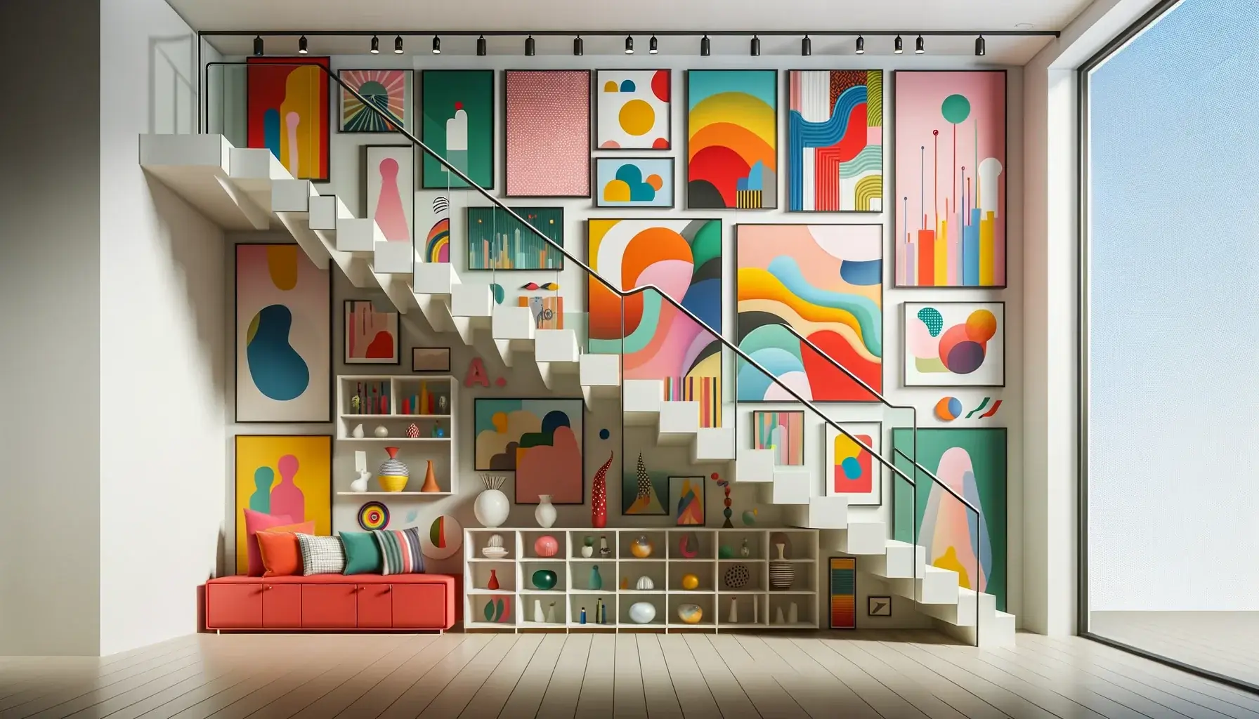 Vibrant staircase with colourful wall art