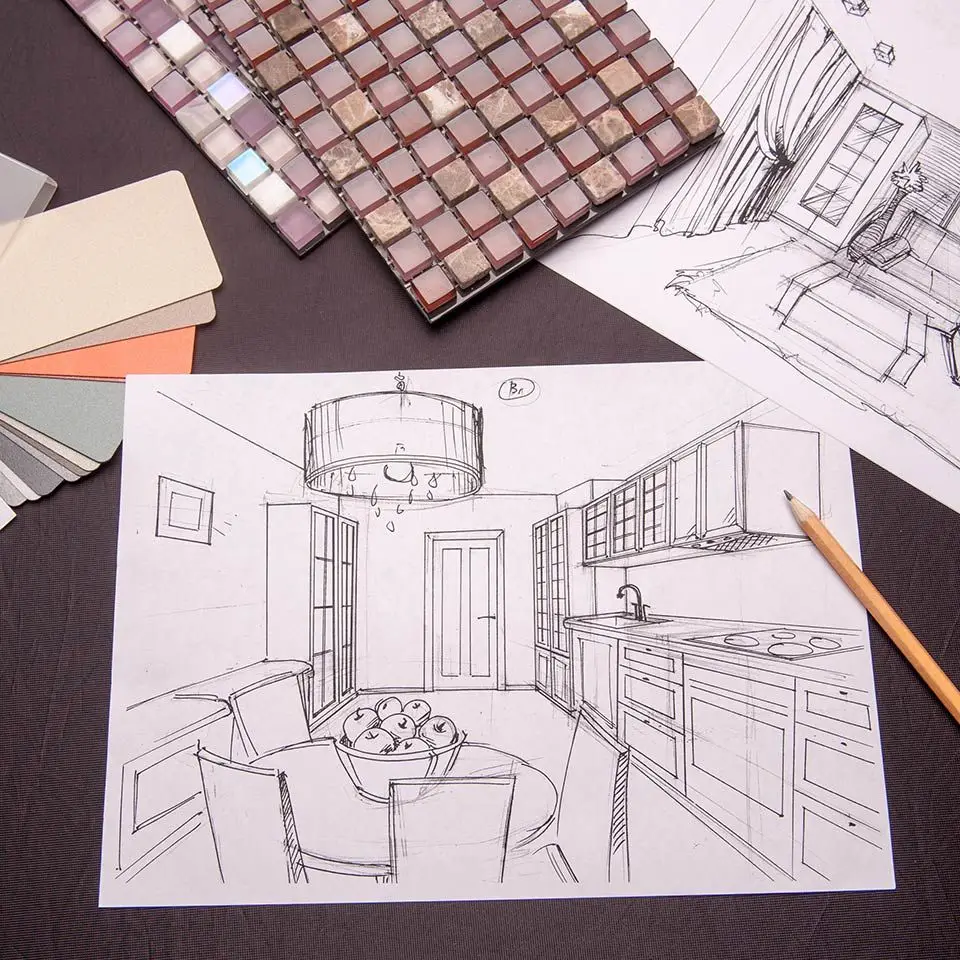 Interior design sketch of a modern kitchen layout