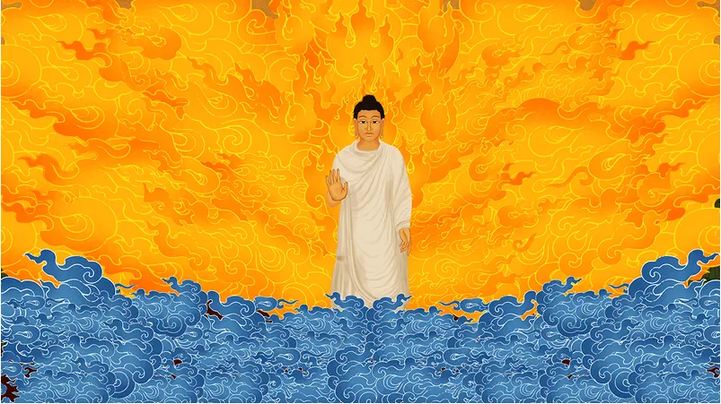 Buddha with radiant golden flames background