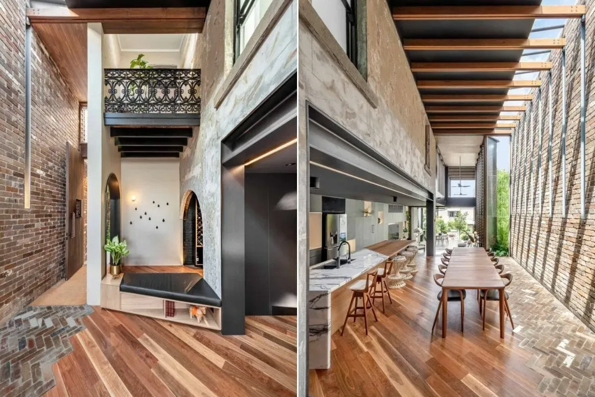 Contemporary industrial interior design with exposed brick walls and wooden flooring