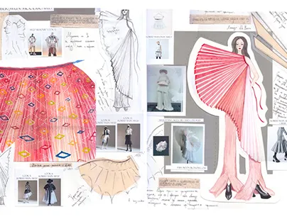 Fashion design sketches with mood boards and details