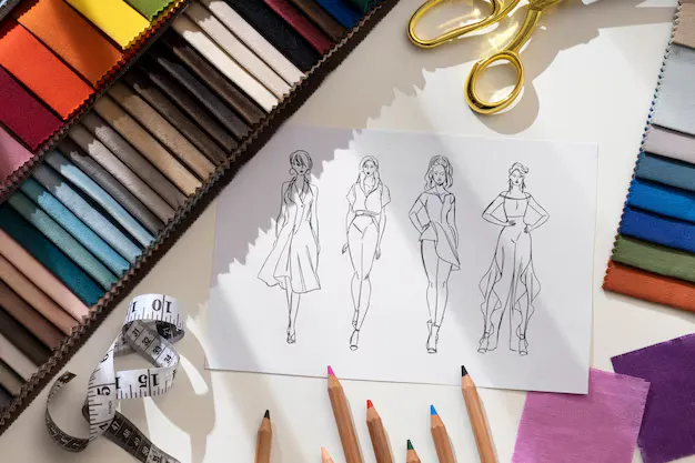 Sketches of women’s outfits surrounded by fabric samples