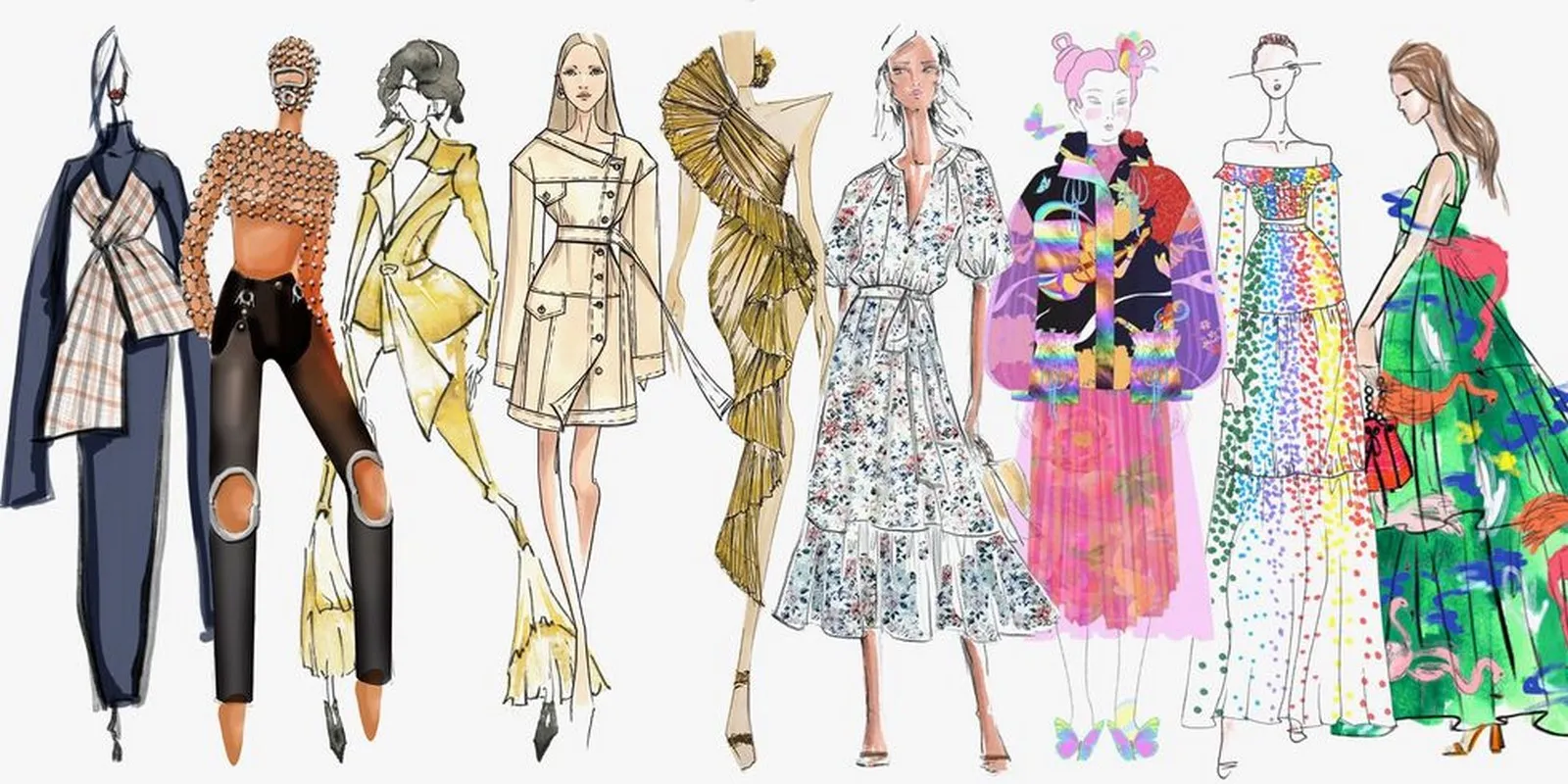 Modern fashion design sketches featuring various outfit styles