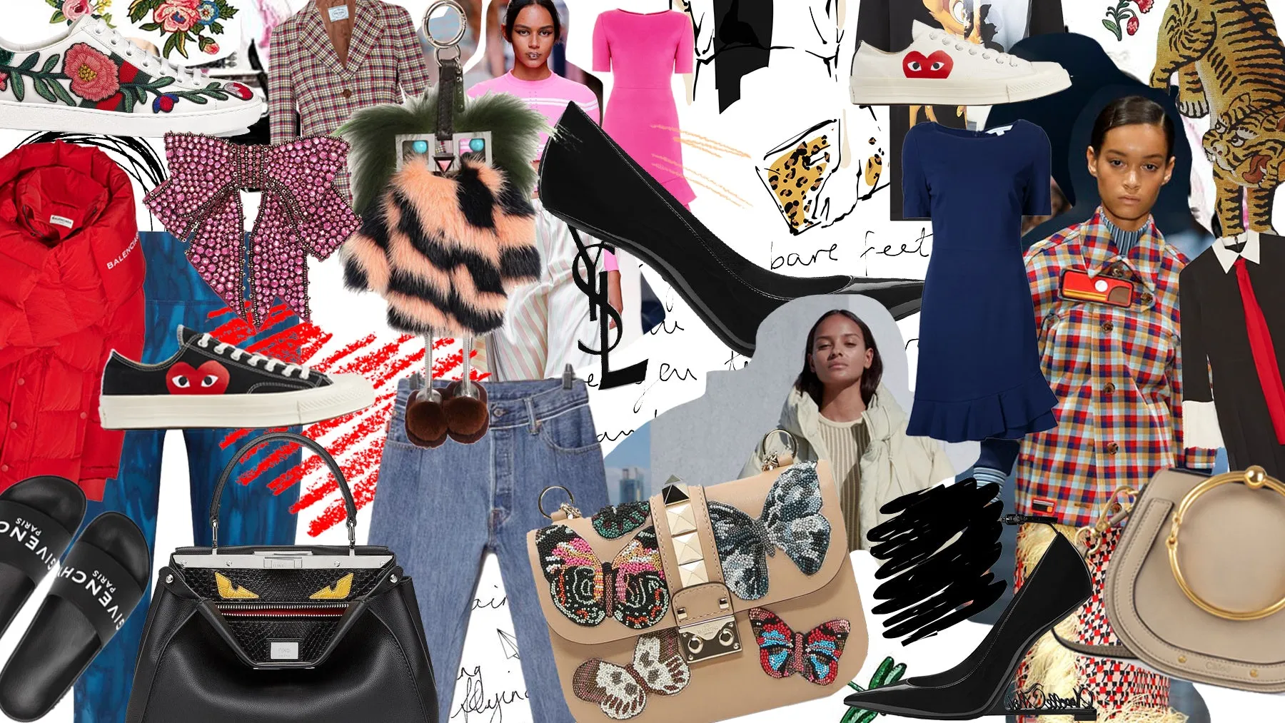 Collage of clothing, accessories, and creative fashion inspiration