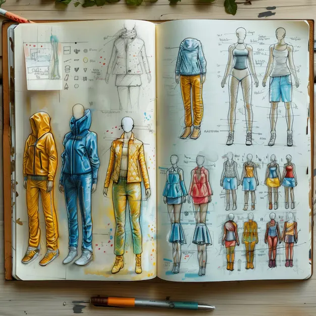 Fashion sketchbook featuring diverse outfits