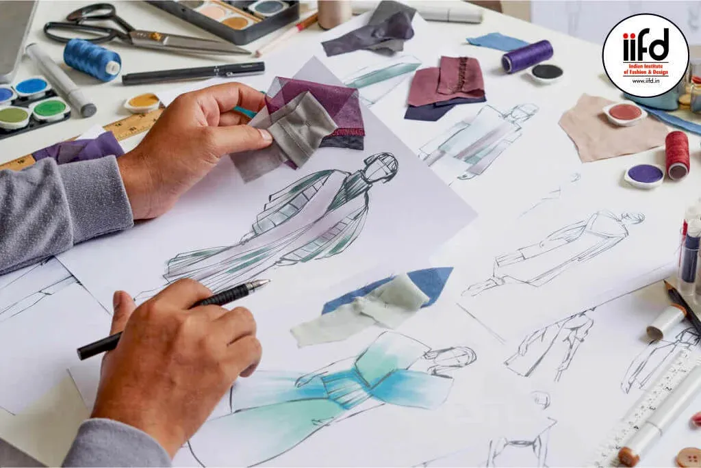 Designer sketching with fabric swatches