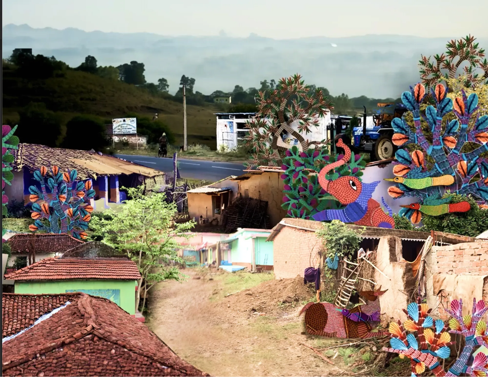 Gond Art-inspired rural landscape