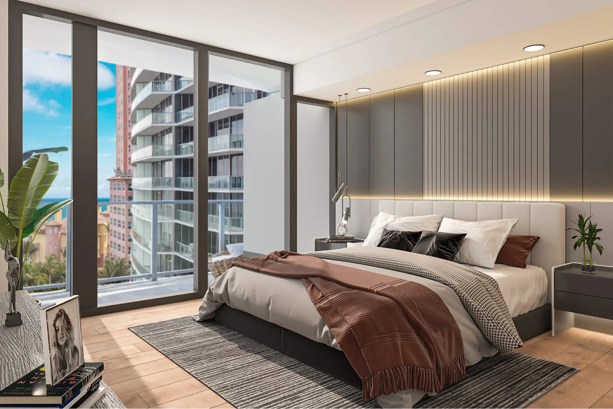 Luxurious bedroom with cityscape view