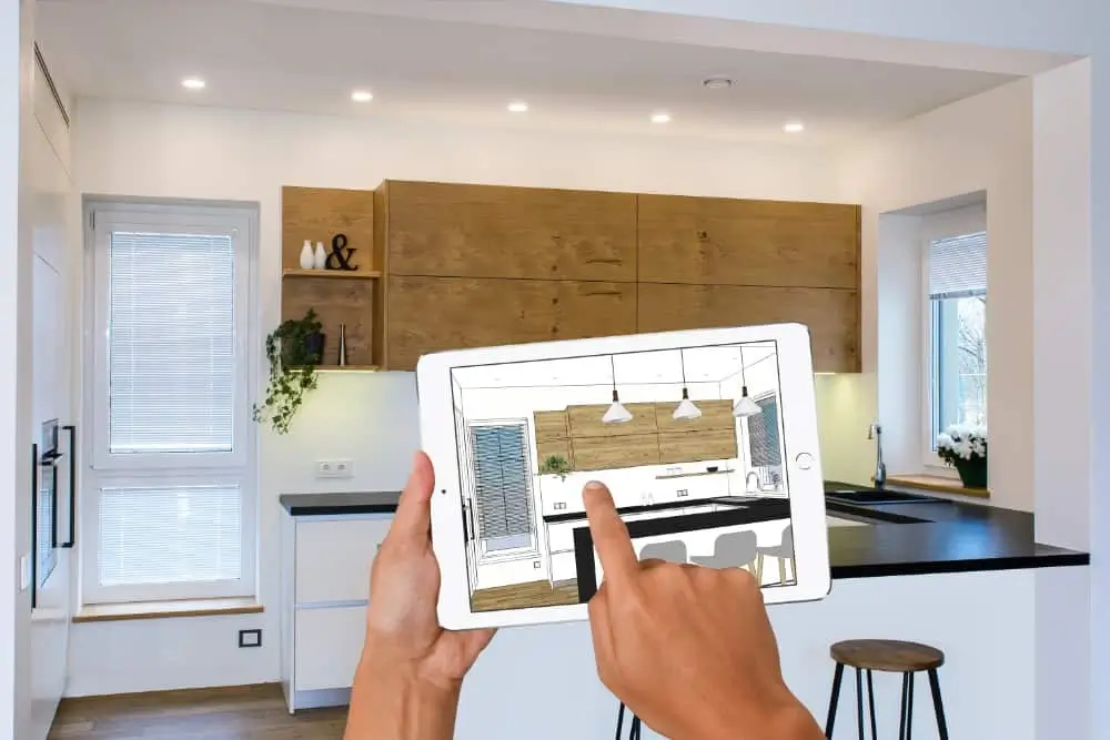 Tablet showcasing virtual kitchen design