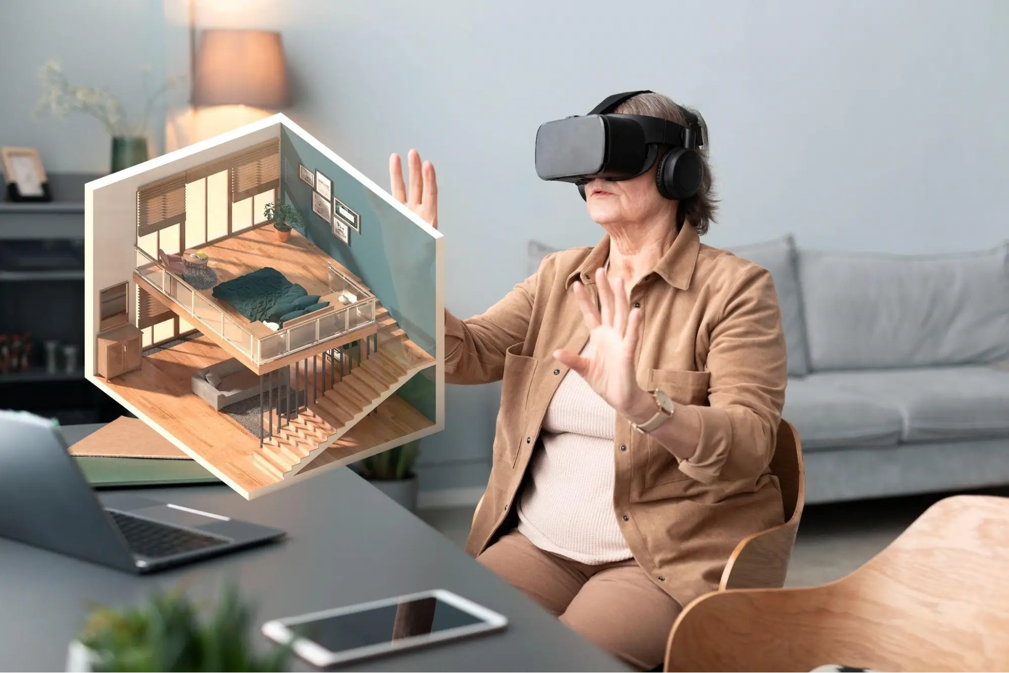 Designer using VR headset for interior planning