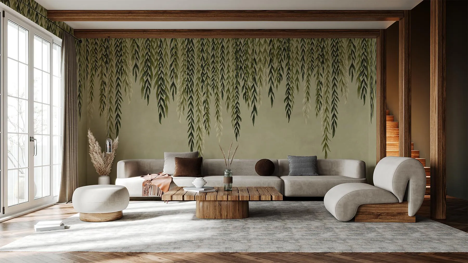 Living room with hanging green decor