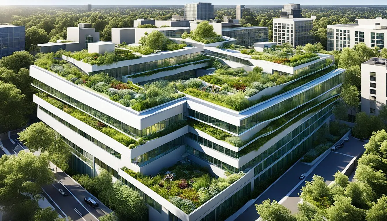 Green rooftop garden on urban building